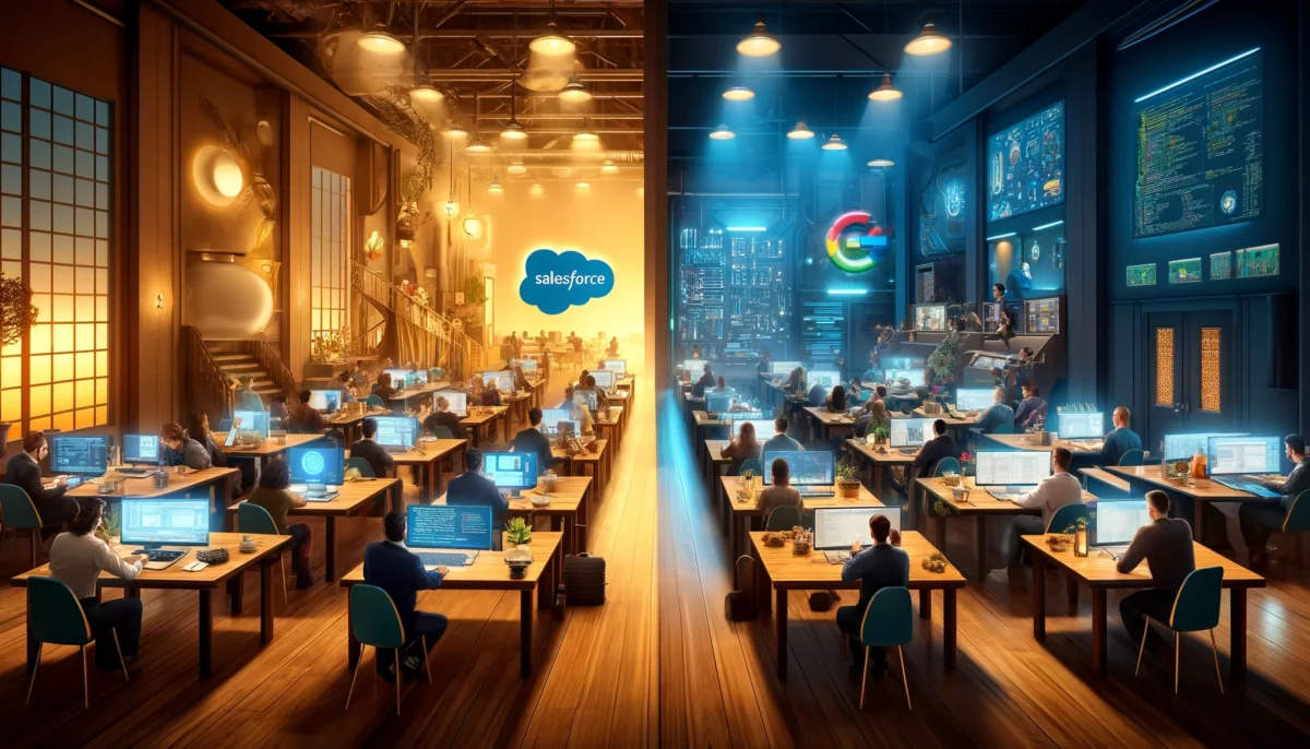 two different tech workshops, emphasizing the differing approaches to AI development between Salesforce and Google. On one side, it features a user-friendly Salesforce workshop in a warm, inviting environment, and on the other, a more technical, data-driven Google workshop with an intense focus.
