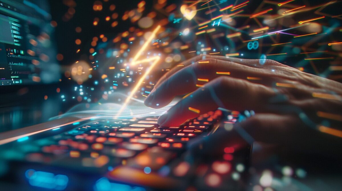close-up view of a developer's hands hovering over a keyboard, their fingers poised to type. Lines of code stream from the keyboard, forming the shape of a lightning bolt, the symbol of the cloud-based software company.
