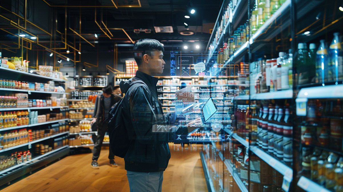 a bustling retail environment with a focus on AI-enhanced productivity. In the background, shelves are stocked with a variety of consumer goods, meticulously organized.
